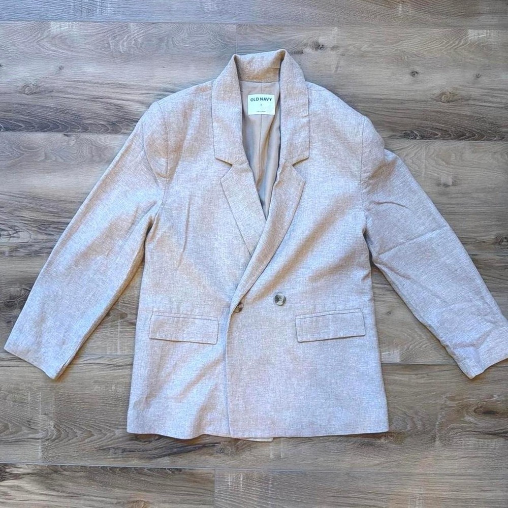 Old Navy Linen Blend Blazer Tan Beige Double Breasted Size M Summer Coastal Chic